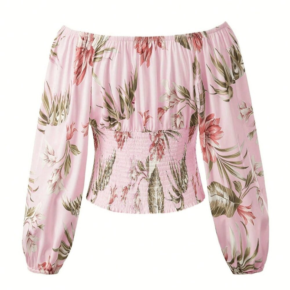 Pink Casual Women's Off Shoulder Floral Print Top - Picture 3 of 4